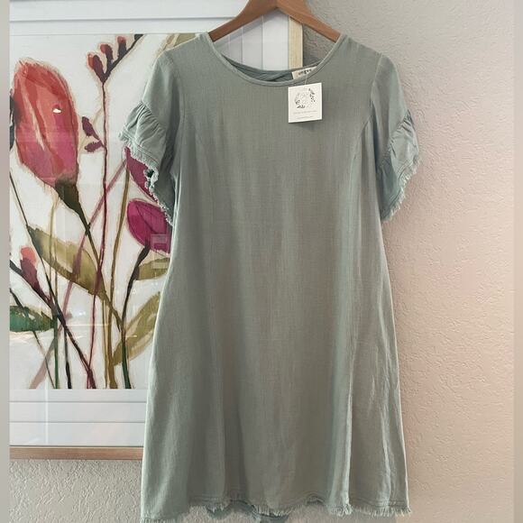 NEW Umgee Linen Becca Green Fringed Swing Mini Dress Babydoll Cut Out Summer - Picture 1 of 8